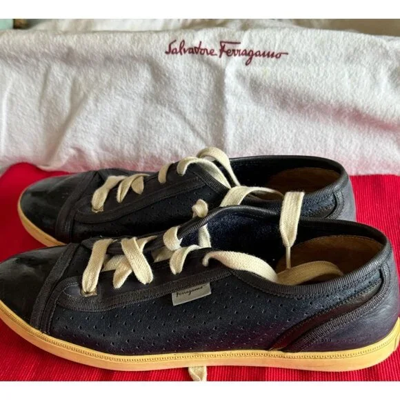 Salvatore Ferragamo Women’s Sneakers Navy Leather Gum Sole Dust Bag Italy 7.5 - Picture 16 of 16